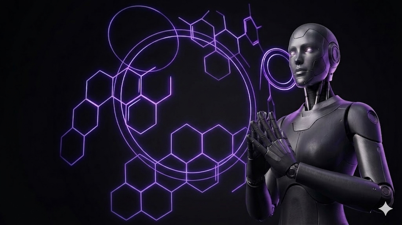 Robot de inteligencia artificial con patrón hexagonal violeta